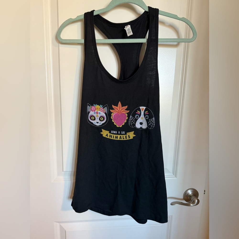 Women’s Arma A Los Animales Black Racerback Cat & Dog Print Tank Top Large EUC